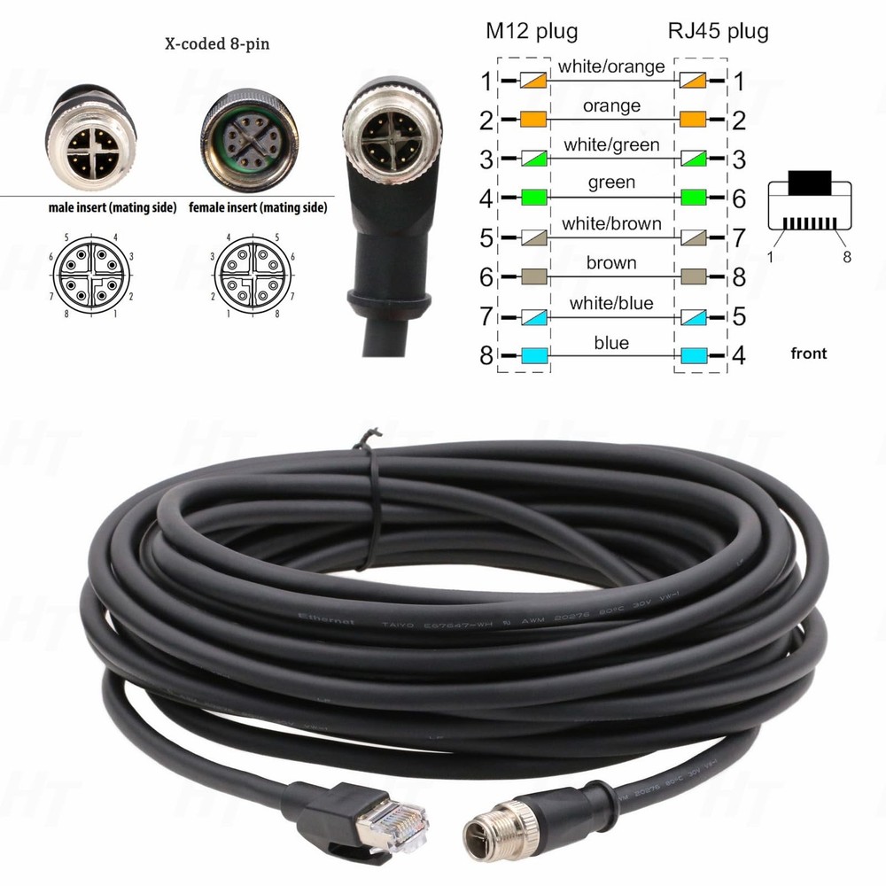 Ethernet M12 8 Pin X-Code to RJ45 Cable for Cognex Data Man Reader Baumer Bas...