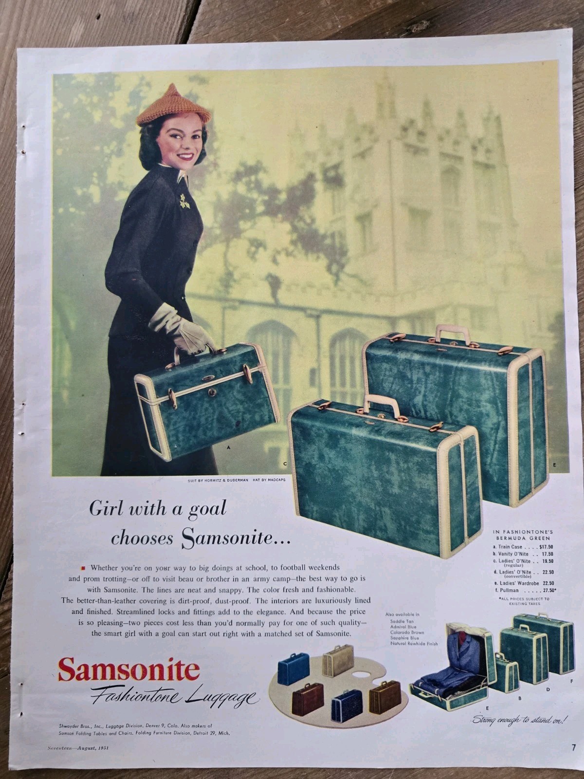 1951 Girl with a goal chooses Samsonite Fashiontone luggage vintage Ad