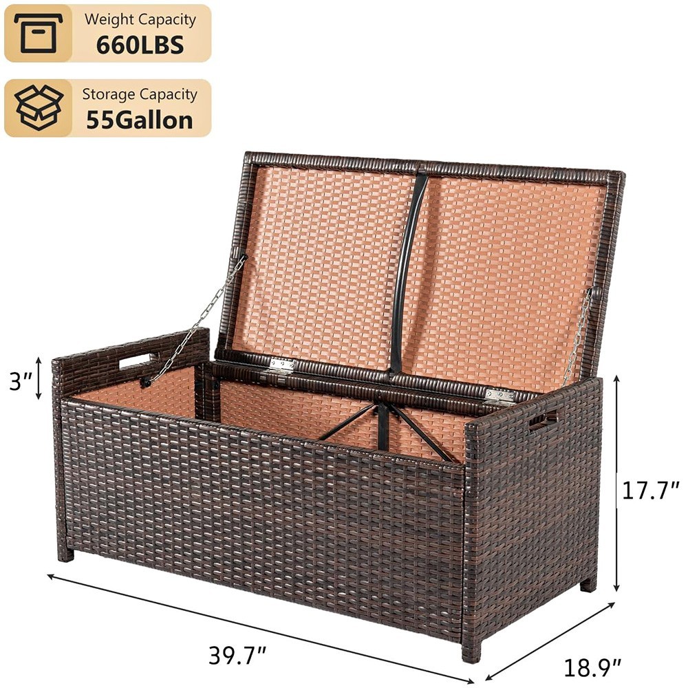 WICKER DECK OUTDOOR STORAGE BOX RATTAN BENCH HAND-WOVEN WITH CUSHION 55 GALLON