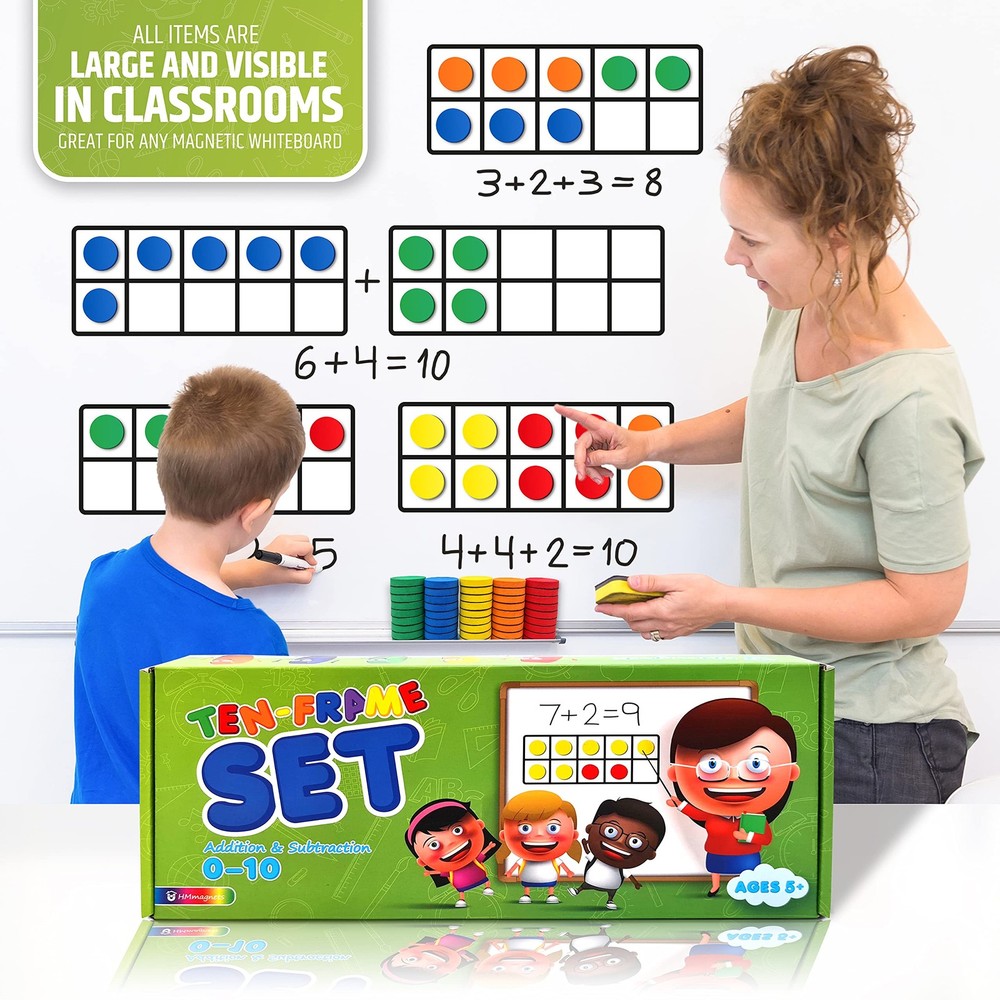 Magnetic Ten Frame Set: 4 Durable Ten-Frames + 50 Colorful Counters + 50 Math...