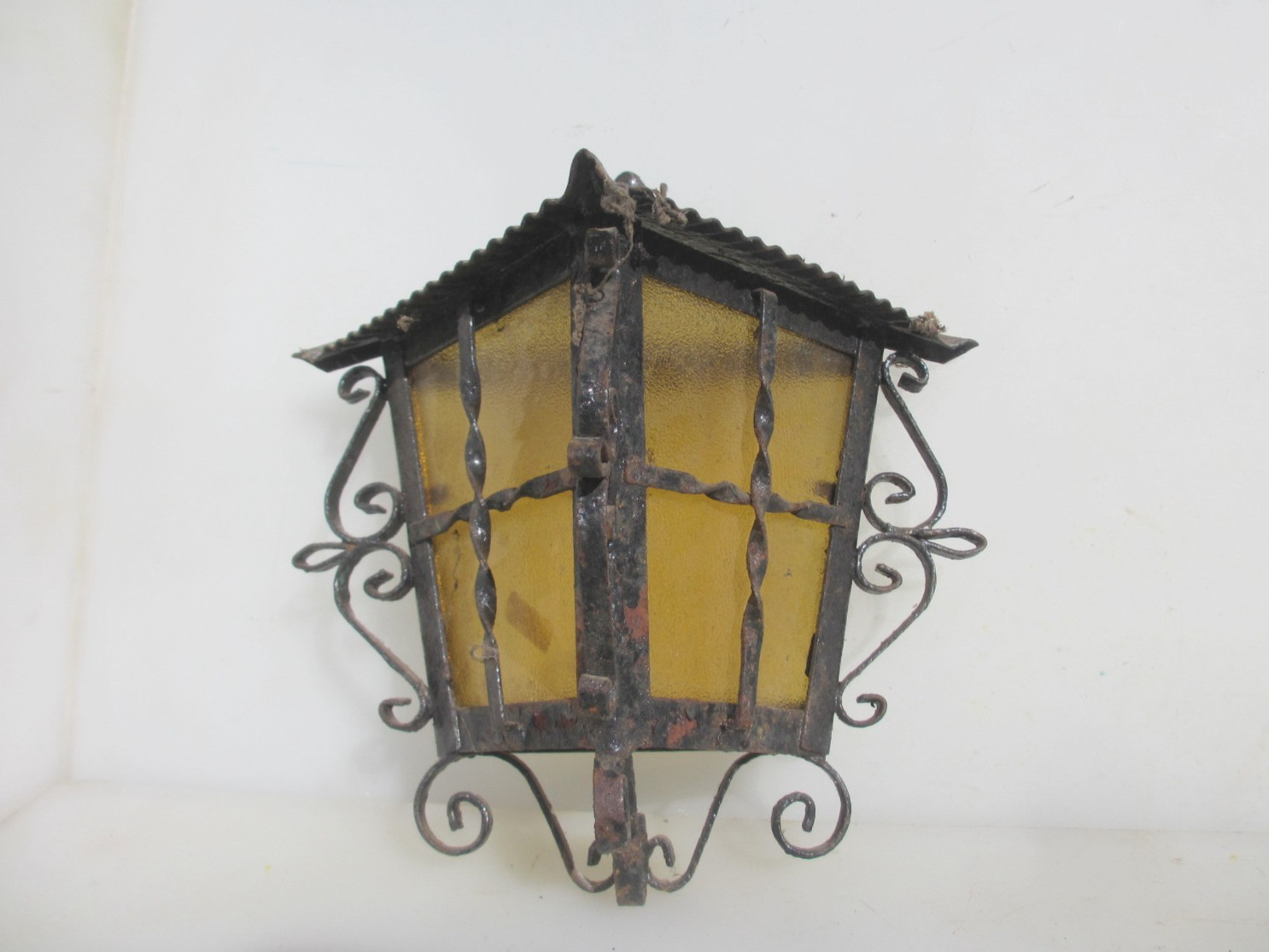 Vintage Wrought Iron Garden Light Shade Yellow Glass Antique Lantern