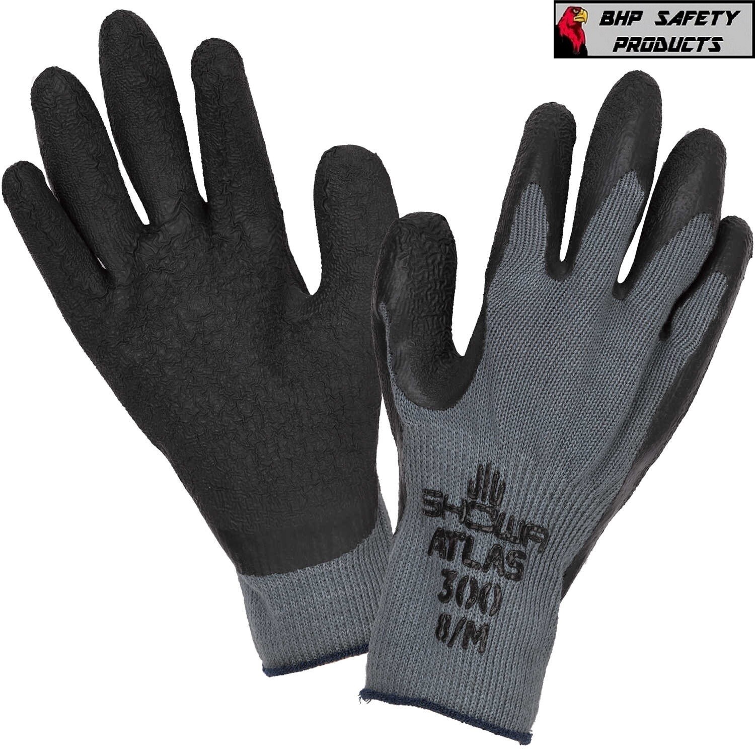 SHOWA ATLAS FIT 300BL NATURAL RUBBER PALM COATED WORK GLOVES BLACK (12 PAIRS)