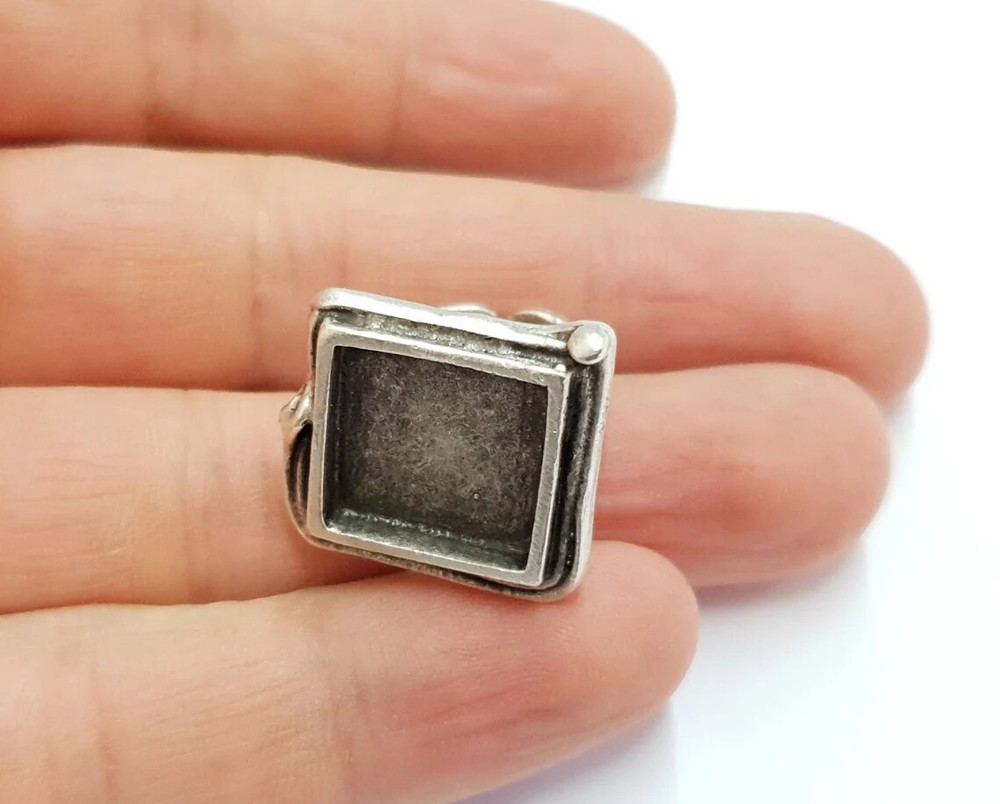 Square Ring Blank Bezel Setting Adjustable Base Antique Silver Plated Brass