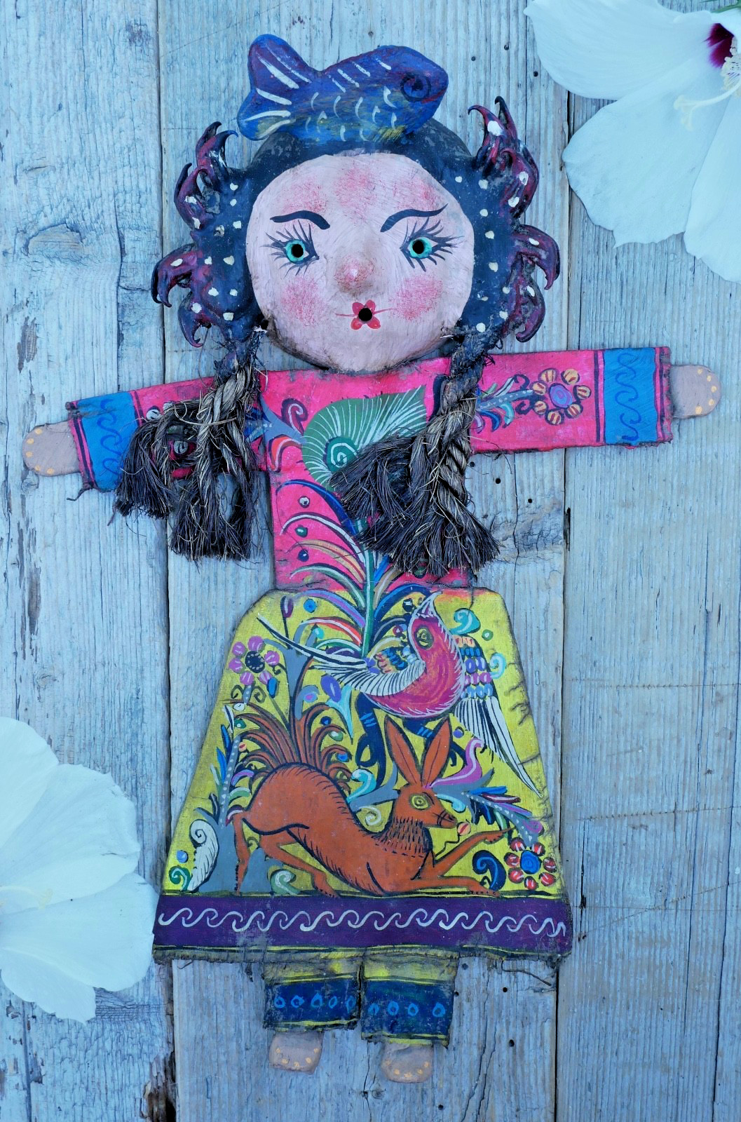 Girl Fish Hat Hand Painted Bird & Deer Handmade Canvas & Coconut Mexico Folk Art