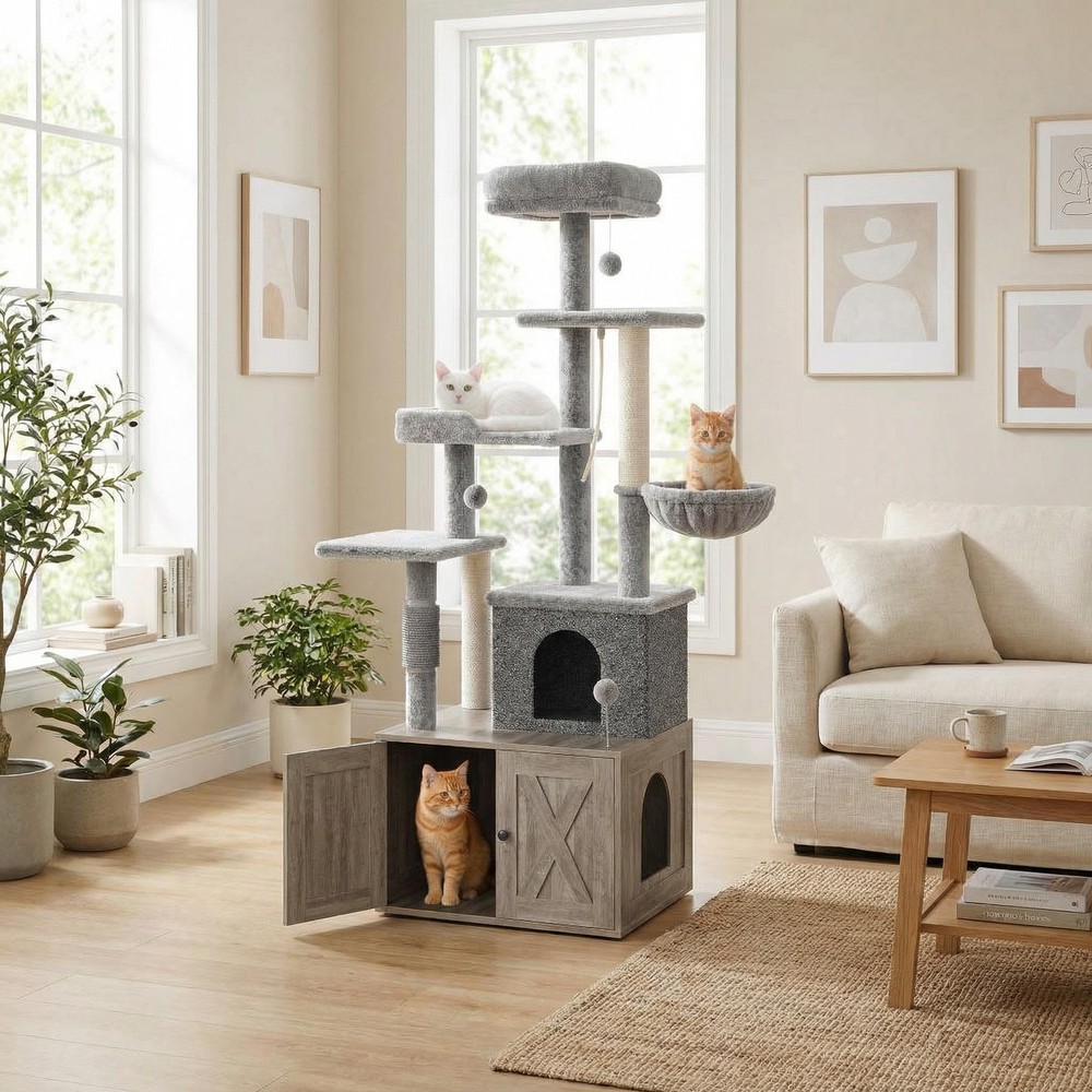 Hidden Litter Box Cat Tree, Multi-Level Tower, Scratching Post, Dangling Balls