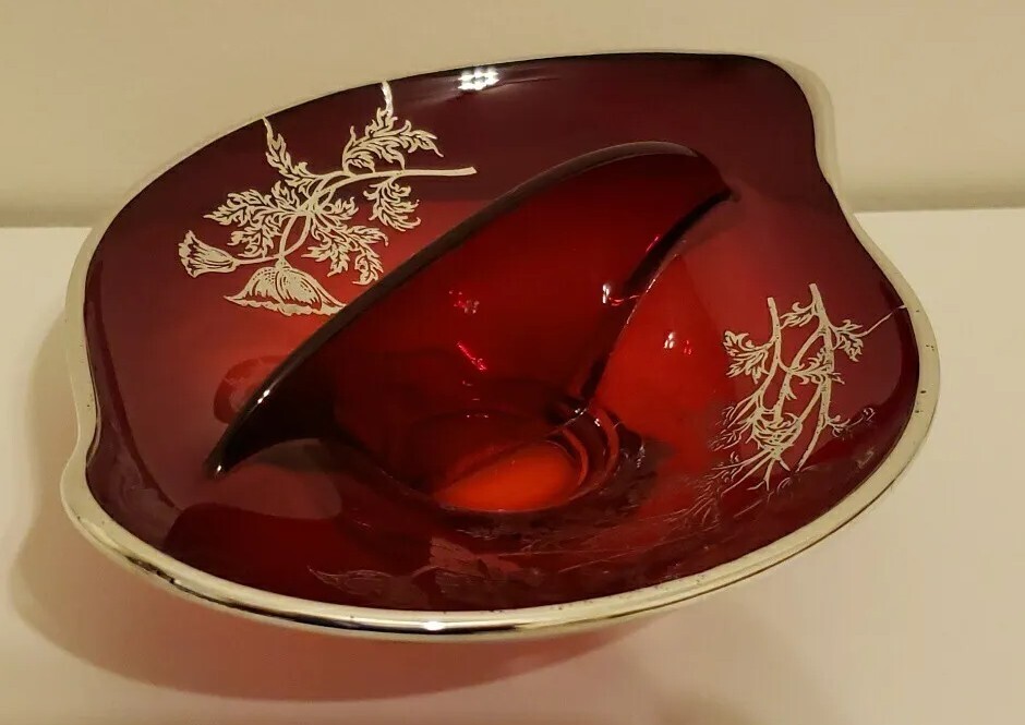 Vintage SILVER CITY Flanders Ruby Red Divided Dish Silver Overlay