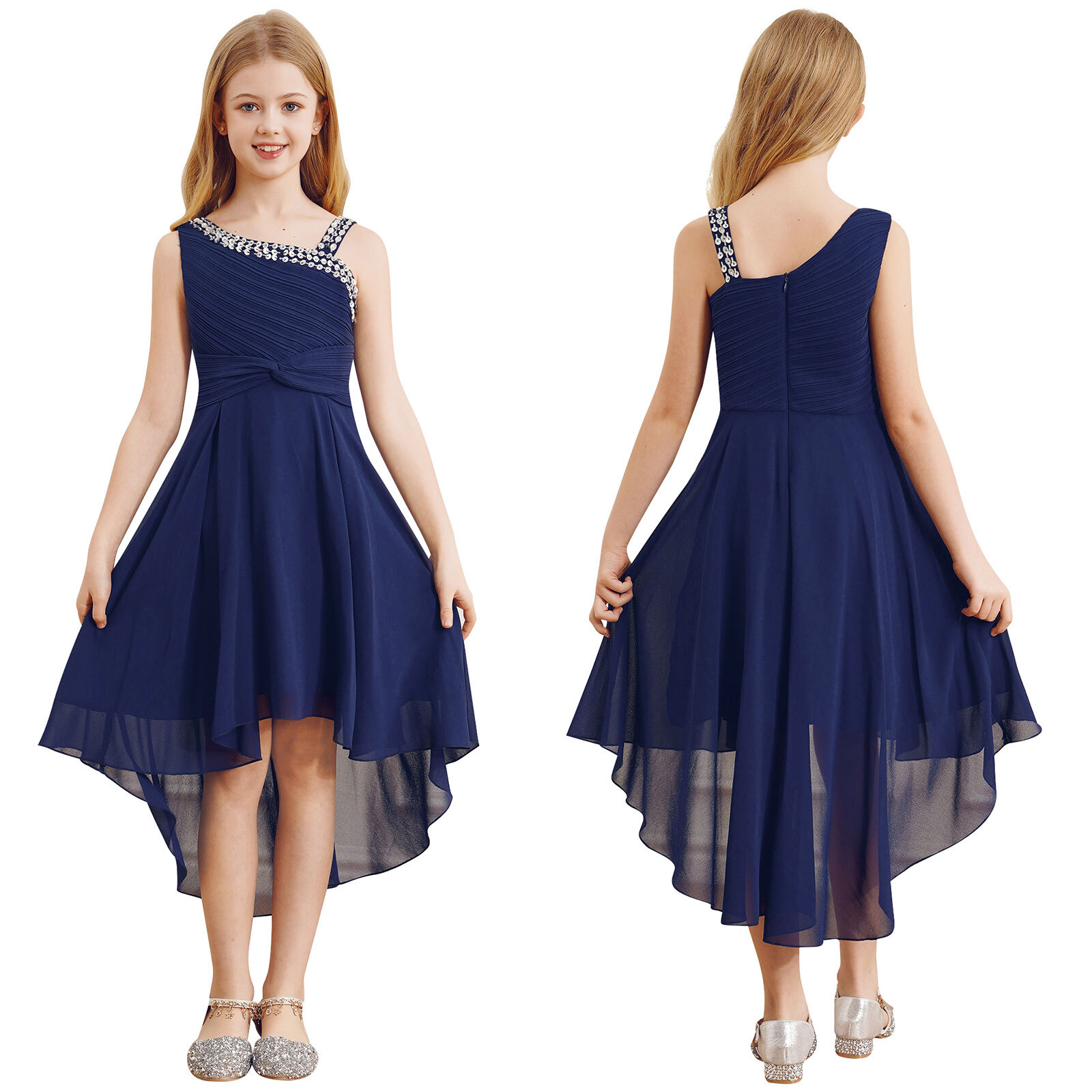 US Girls Sparkly Straps Summer Dress Sleeveless High Low Junior Bridesmaid Dress