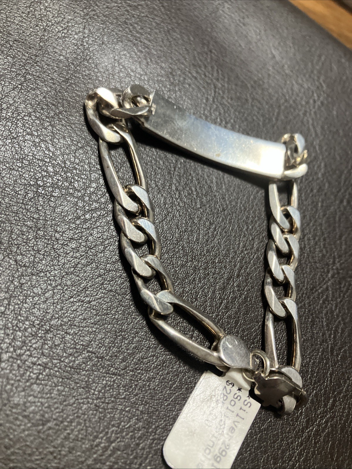 Sterling Silver 925 Figaro ID Men’s Bracelet 29 Grams 9 Inches Natural Patina