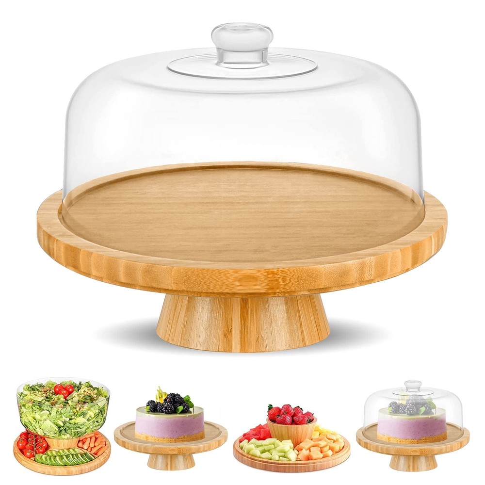 Bamboo Cake Stand With Dome Multi Function 6 In 1 Holder Serving Platter 12"