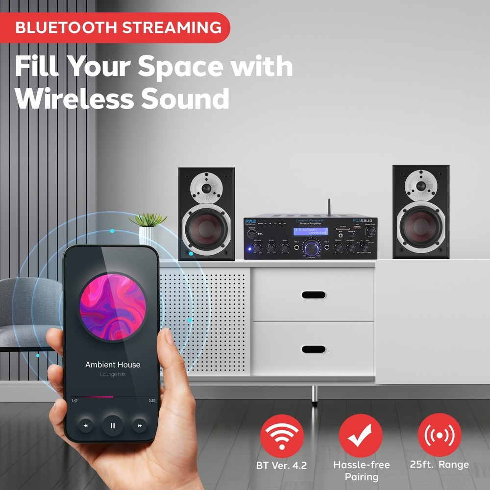 Pyle Compact Bluetooth Stereo Amplifier - Home Desktop Stereo Receiver System