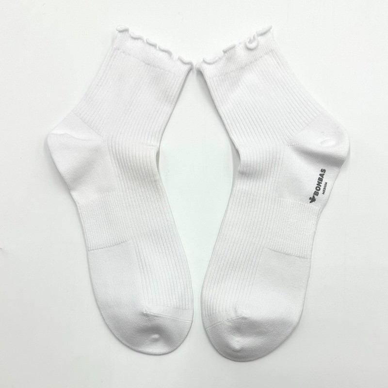 3 Pairs BOMBAS Women's Ruffle Rib Quarter Socks Size M 8-10.5 White Lightweight