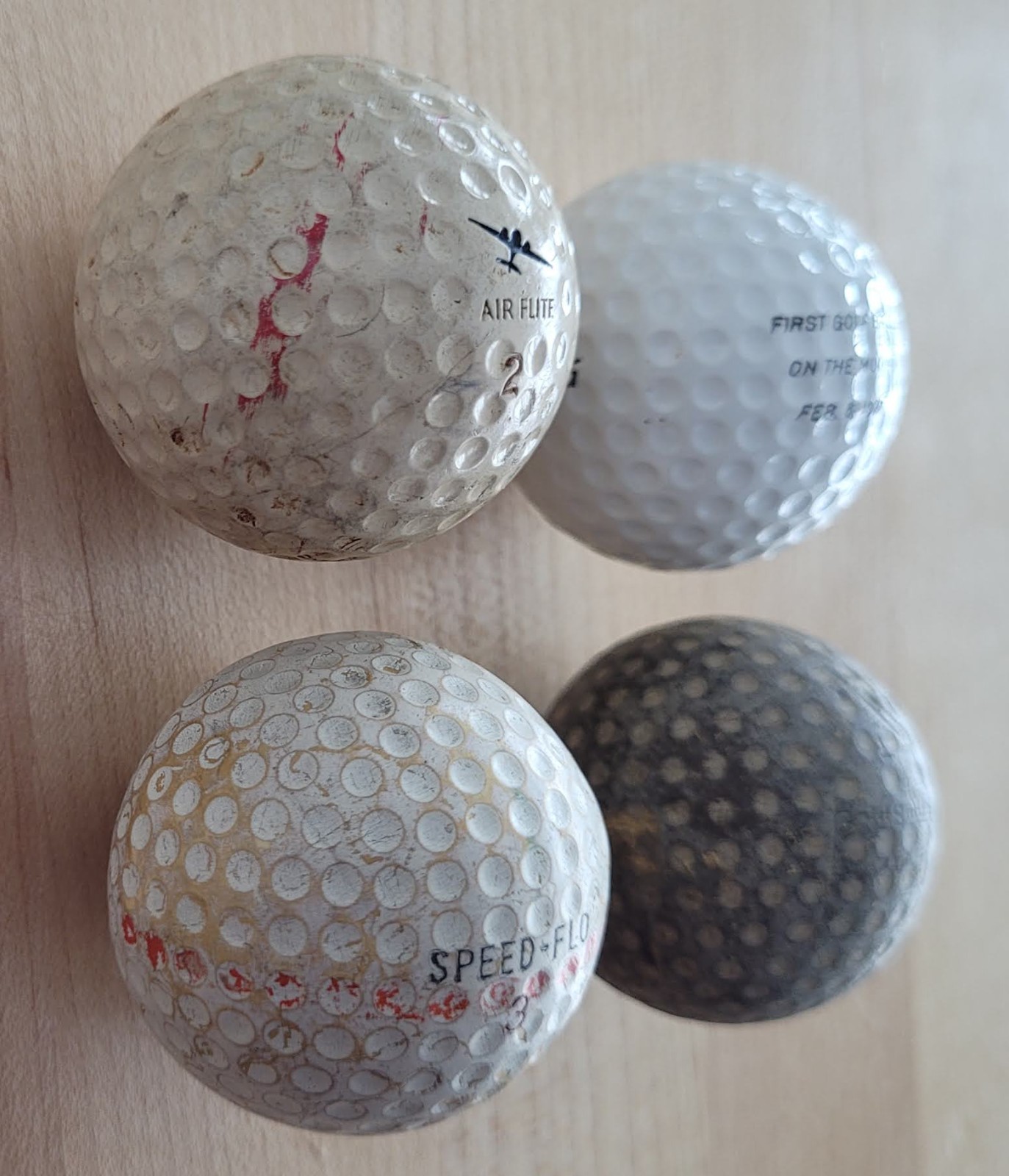 4 Antique Vintage Golf Balls Walter Hagen Speed Flo Moon Airplane Espinosa
