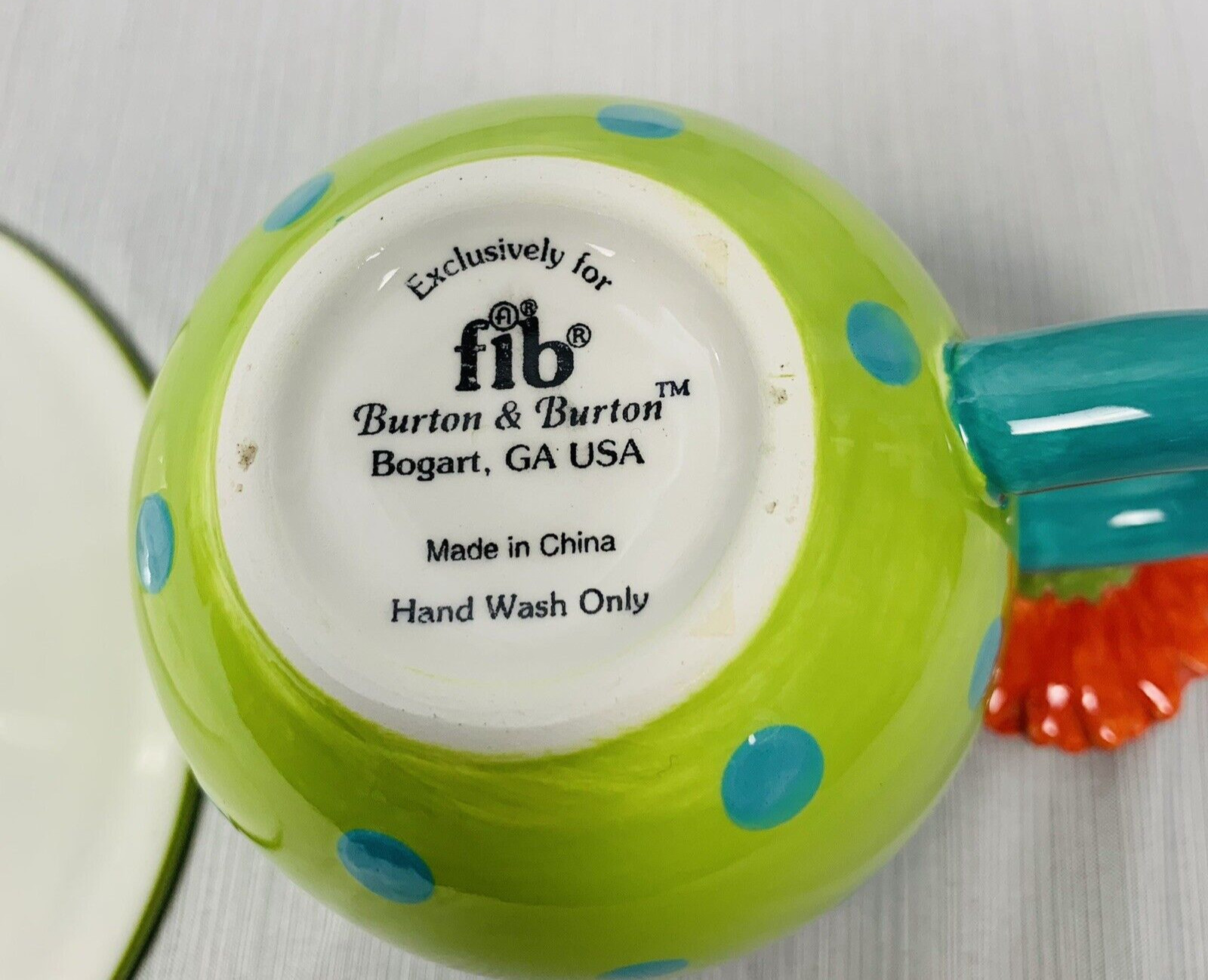 burton+Burton Ceramic Tea Cup & Saucer Polka Dot Flower on Handle Colorful