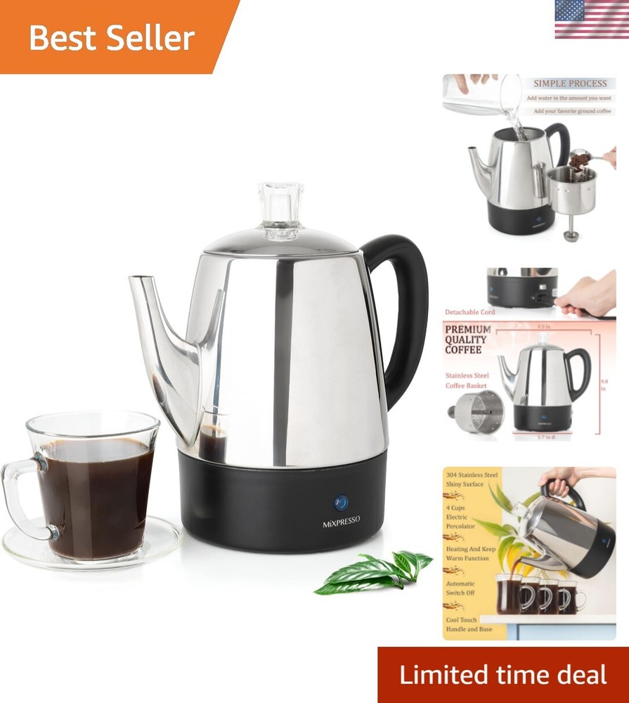 Electric 4 Cup Coffee Percolator Pot with Automatic Keep Warm & Easy Pour Spout