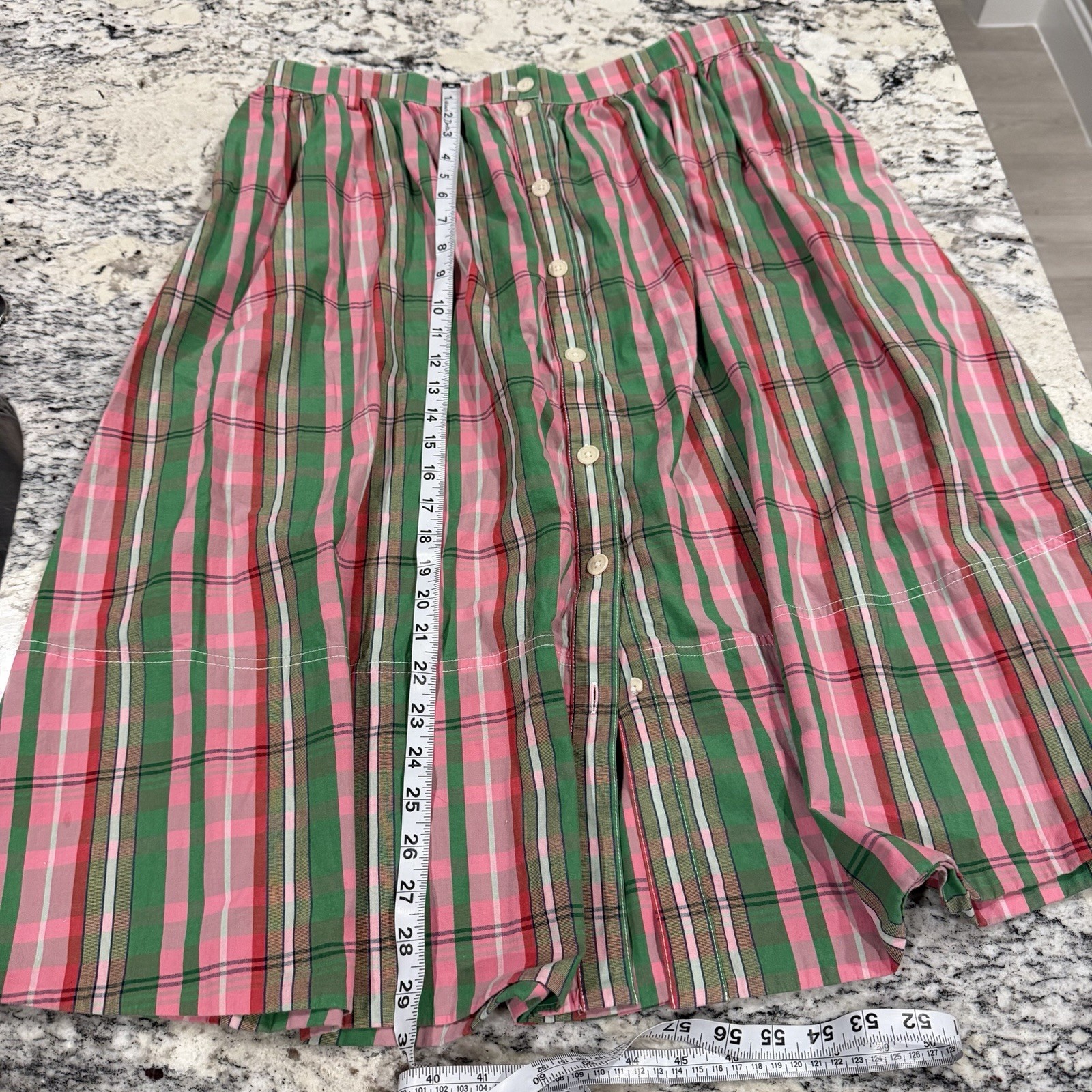 J CREW Midi Skirt 16 Pink Green Plaid Check Organic Cotton Button Front Pocket