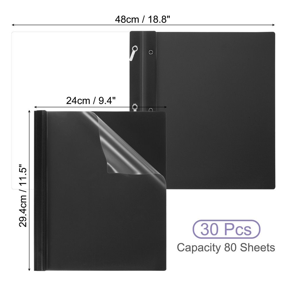 30 Pcs 80 Sheet Capacity Clear Front Presentation Cover with 3 Prong, Black