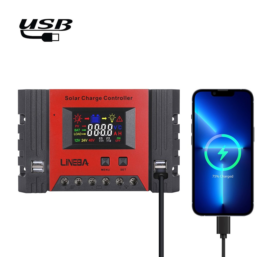 LCD 100A Solar Panel Charge Controller 12V 24V 48V PWM Auto Focus Tracking 4 USB
