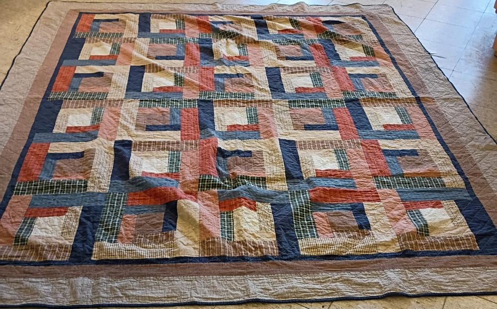 Handmade Queen Size Patchwork Quilt Log Cabin Pattern Multicolor Cotton Bedding