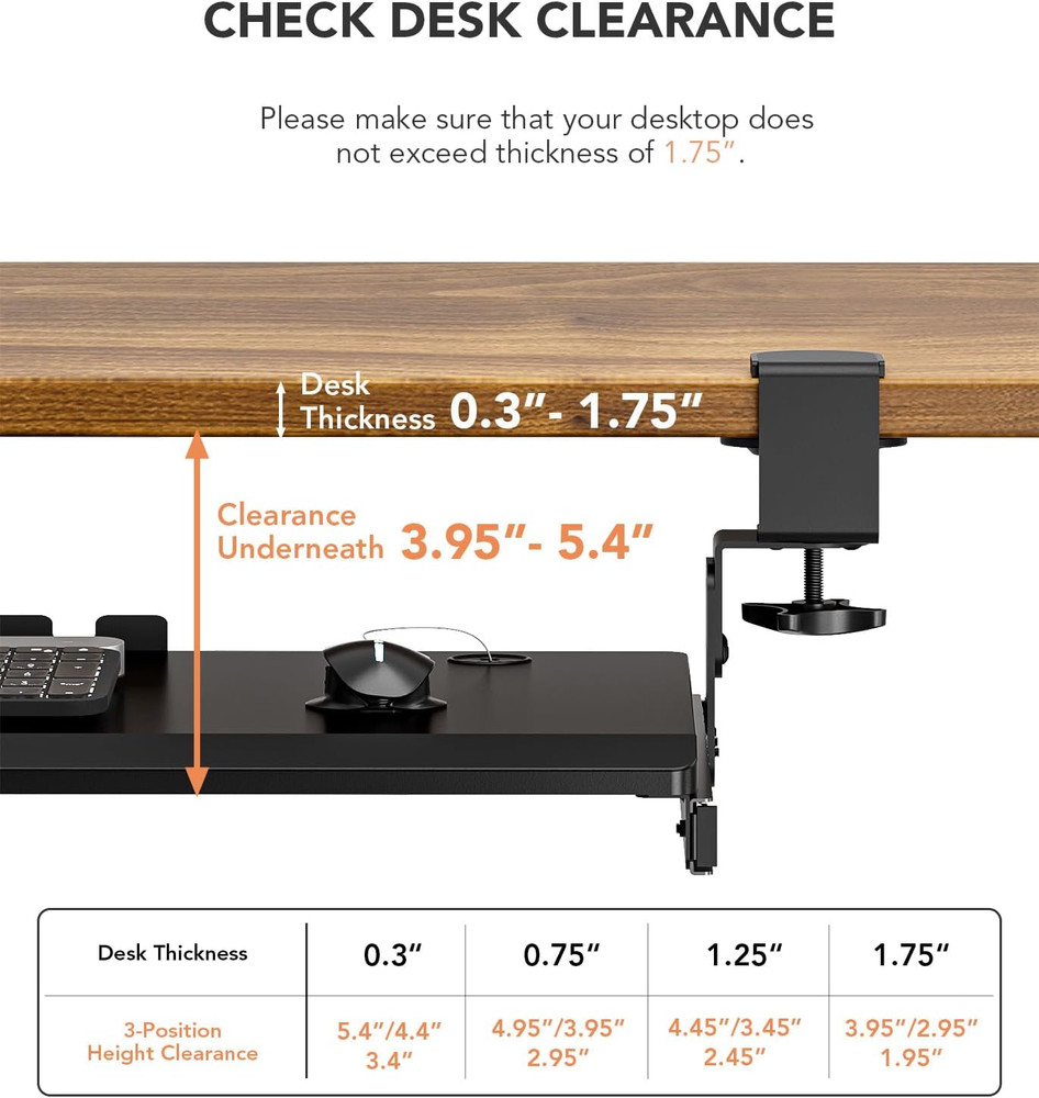 Hemudu Keyboard Tray under Desk Pull Out with Extra Sturdy C Clamp Mount System,