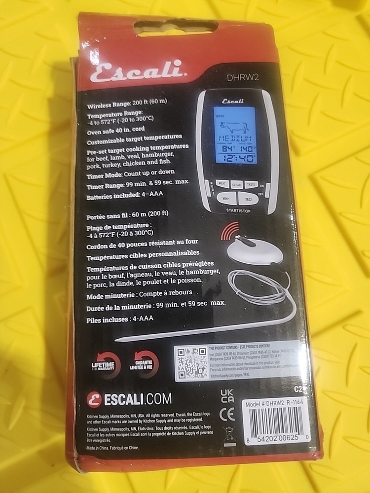 Escali Wireless BBQ Thermometer and Timer, 200 Foot Range, Black