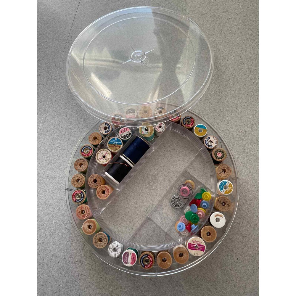Vintage round sewing caddy with extras