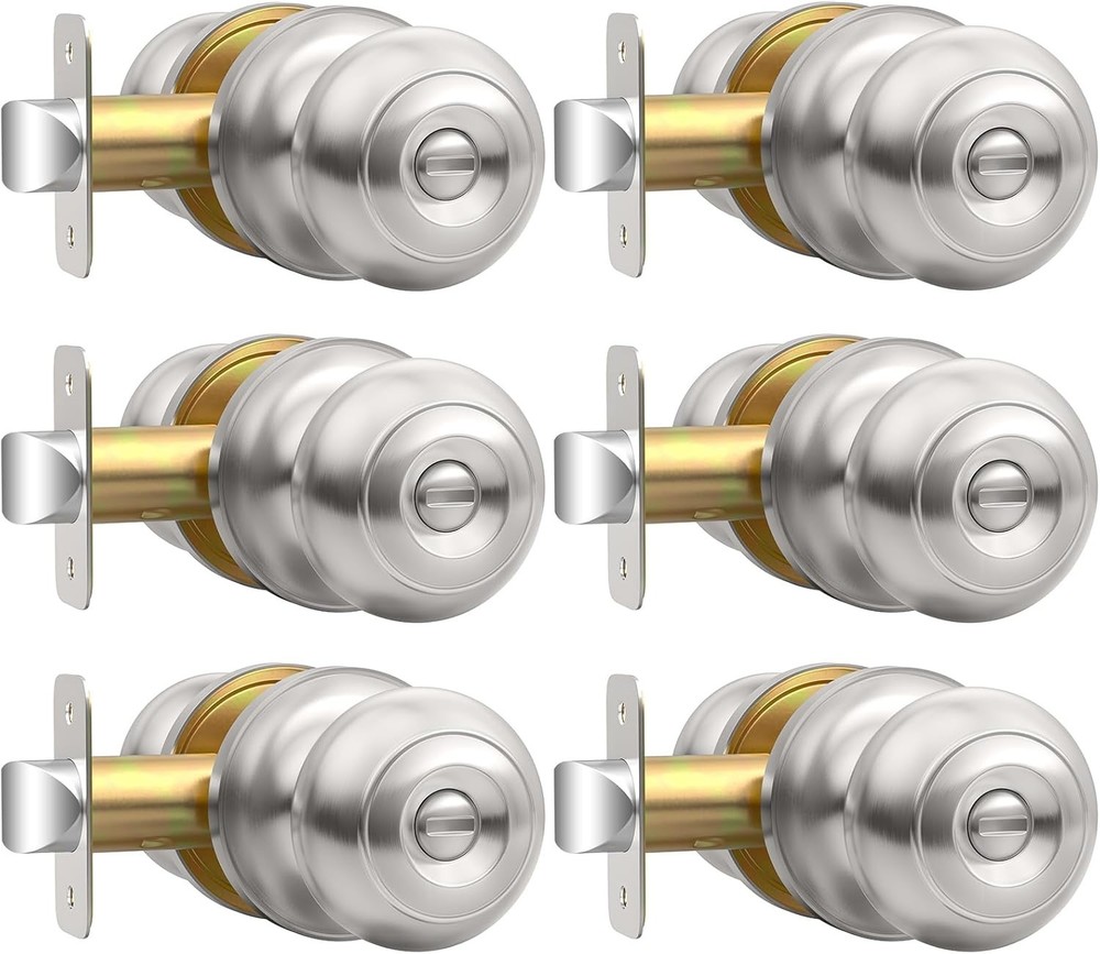 Privacy Door Knob, Brushed Nickel Door Knobs Interior Keyless Locks Set6 Pack