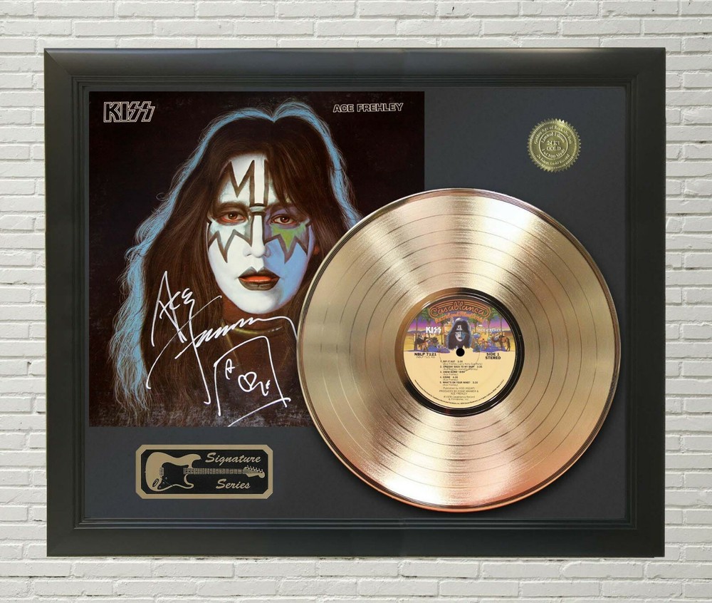 KISS Ace Frehley Framed Black wood Reproduction Signature Gold LP Display