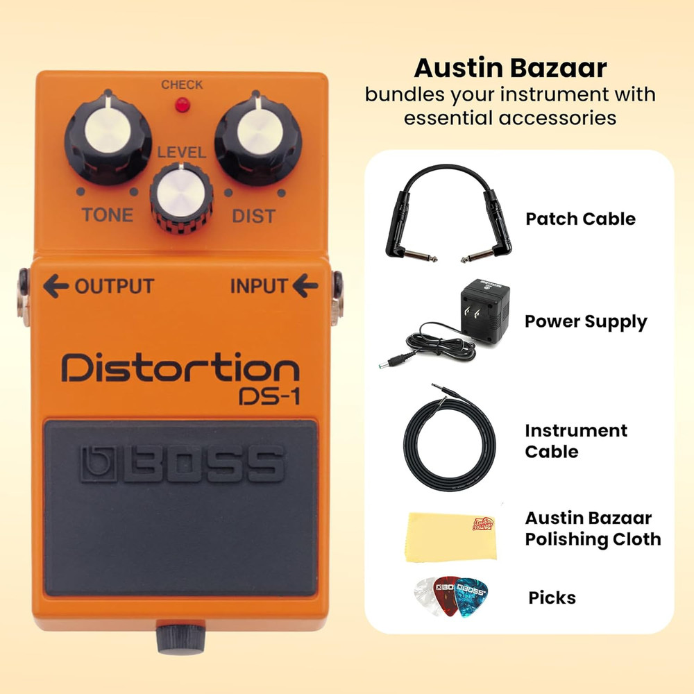 DS-1 Distortion Bundle with Gearlux Power Supply, Instrument Cable, Patch Cable,