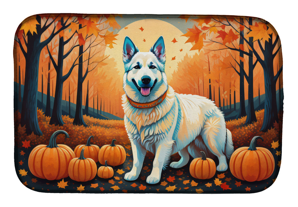 White German Shepherd Fall Dish Drying Mat