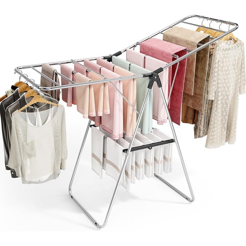 Clothes Drying Rack Clothing with Height-Adjustable Foldable Gullwings Laundry