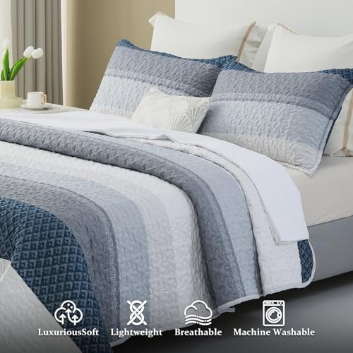 Quilt Set Queen Size 3Pcs,Soft Microfiber Queen(90" x 96") Blue Patchwork