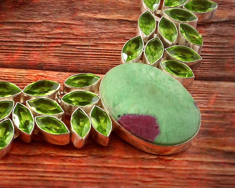 Silver Plated Green Peridot Statement Necklace Handmade Leaf Design Ethnic