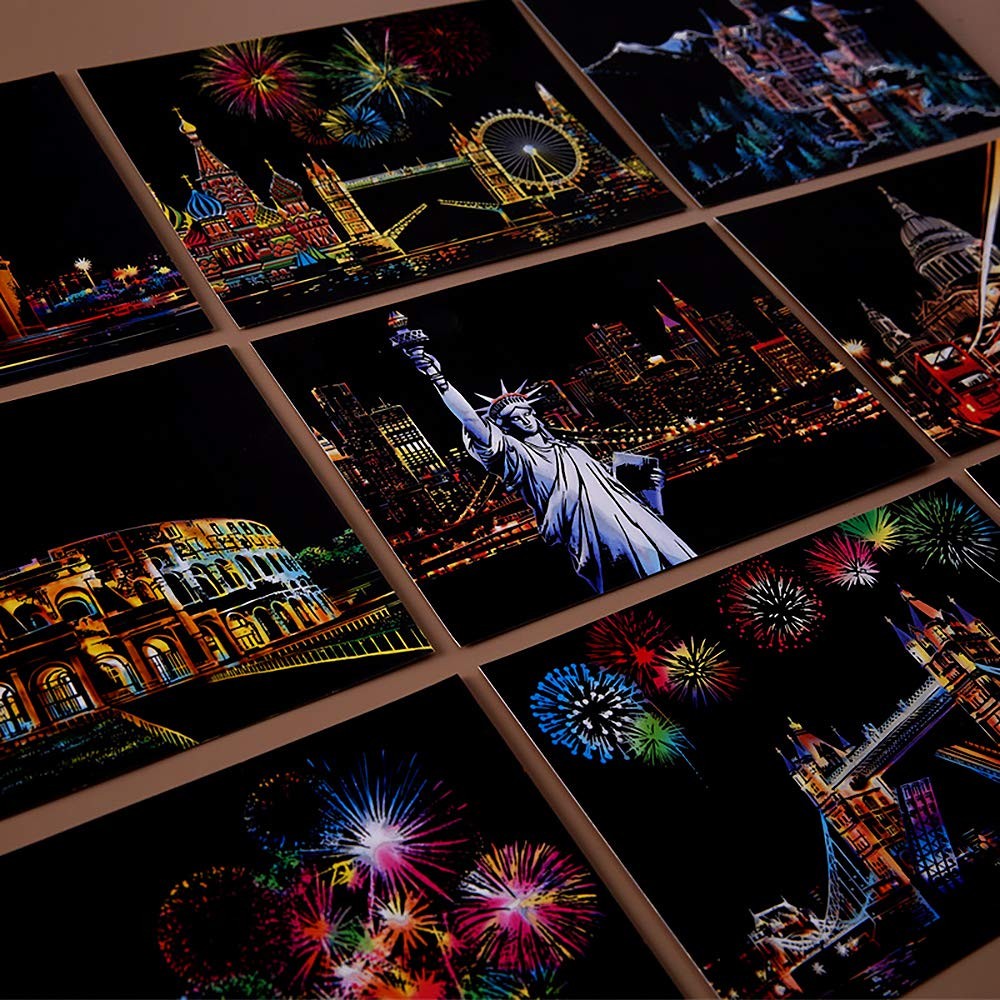 Magic Scratch Art Paper, Mini Envelope Postcard, Rainbow Night View Scratchbo...