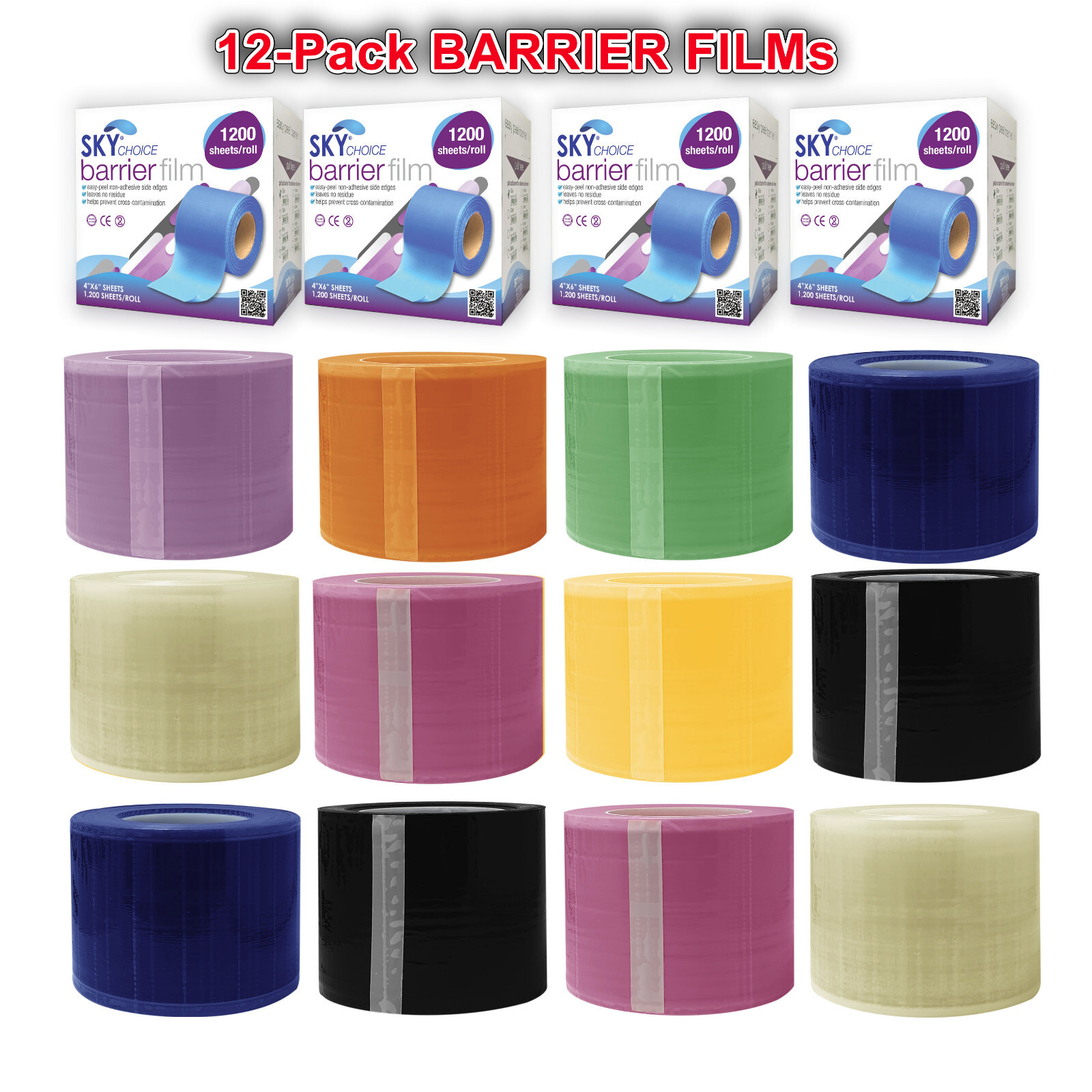 12/pk DENTAL BARRIER FILM 4X6 1200 PERFORATED PLASTIC ROLL BLUE CLEAR PINK BLACK