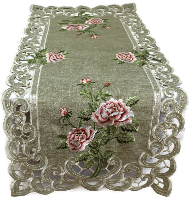 Doily Boutique Table Runner, Doily, Mantel Scarf with Pink Rose on Green Burlap