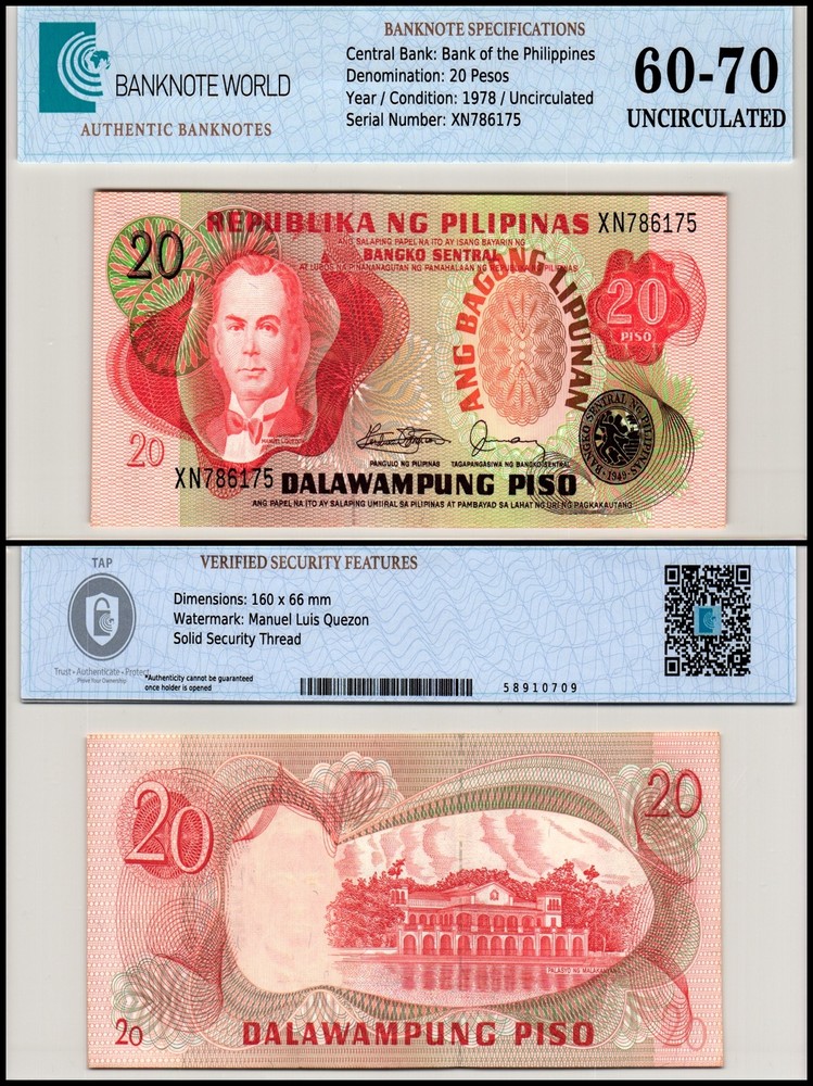Philippines 20 Piso, 1978 ND, P-162c, UNC, Authenticated Banknote