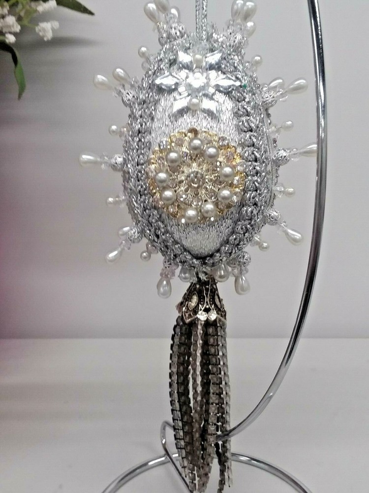 Gift EASTER EGG Ornament - Magnificent silver tasseled ornament