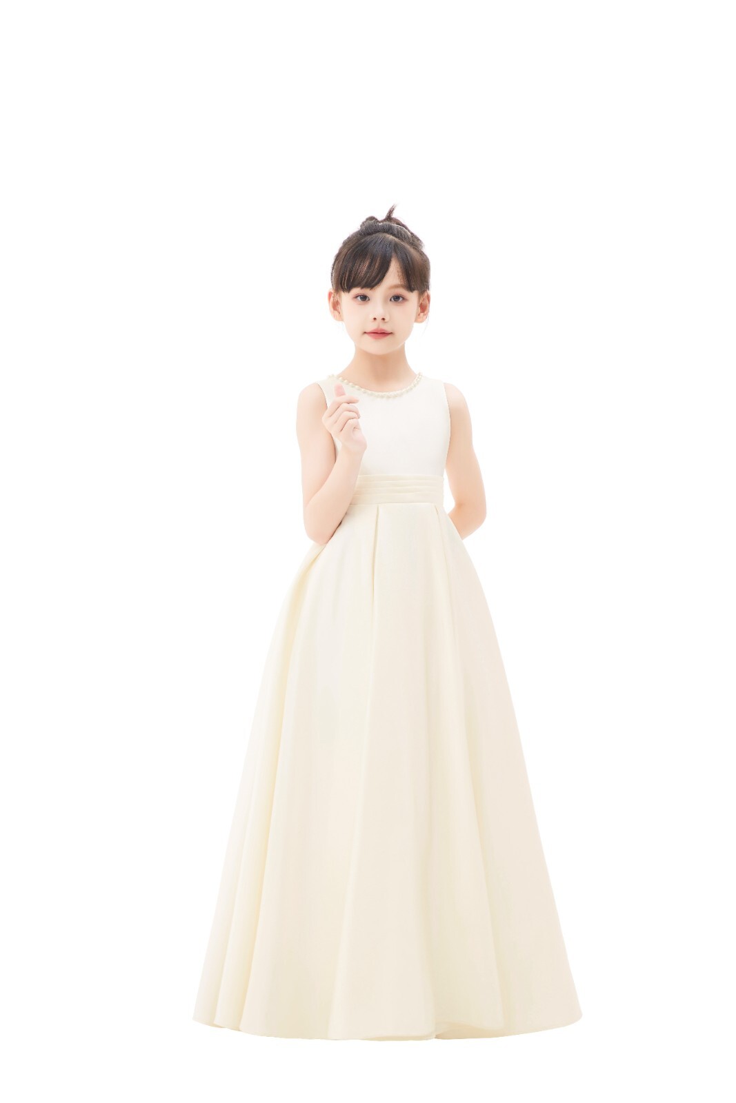 Backless A-line Satin Flower Girl Dress with Pearl Beaded Trim Party Dresses
