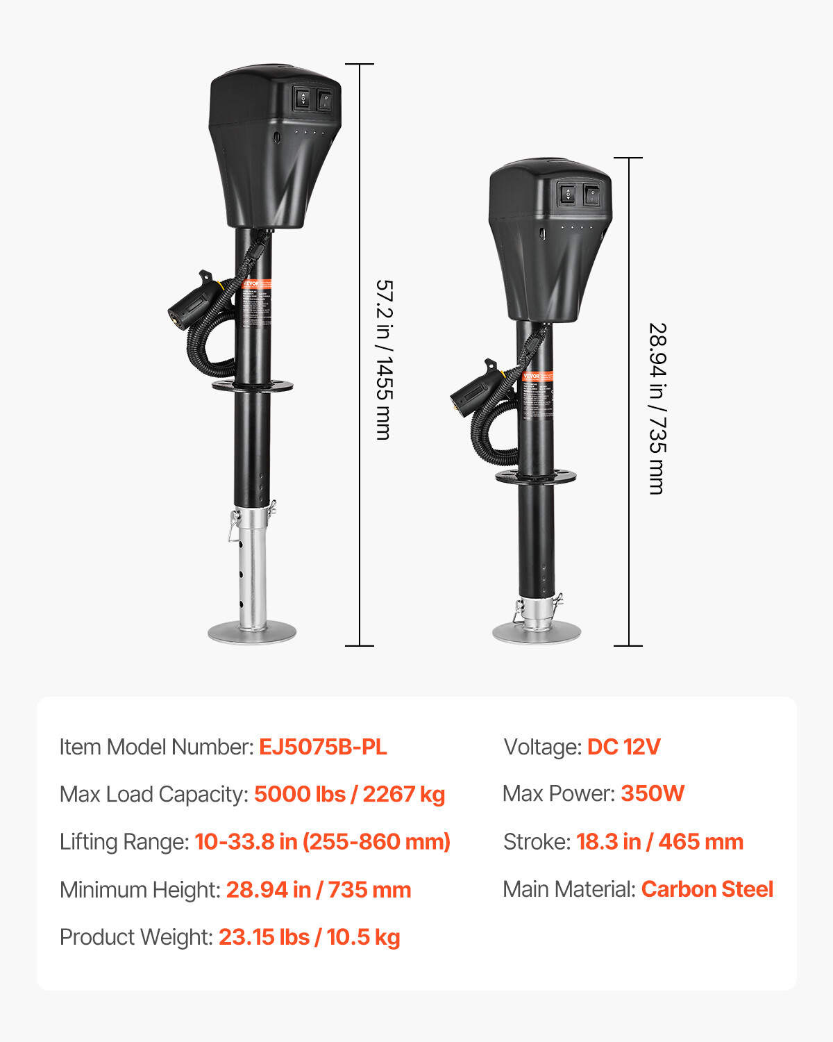 Electric Trailer Jack 5000 lbs Power Tongue Jack for RV Trailer & Camper Black