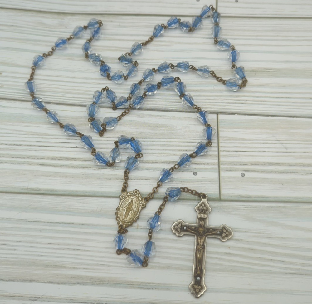 Vintage Rosary Crucifix Blue - Clear Glass Beads 42"