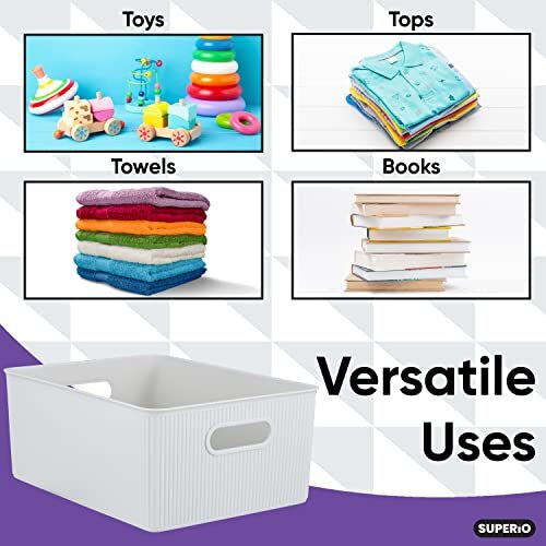 Superio 15L Medium Ribbed Storage Bin- Plastic Storage Bin (6 Pack White Smoke)