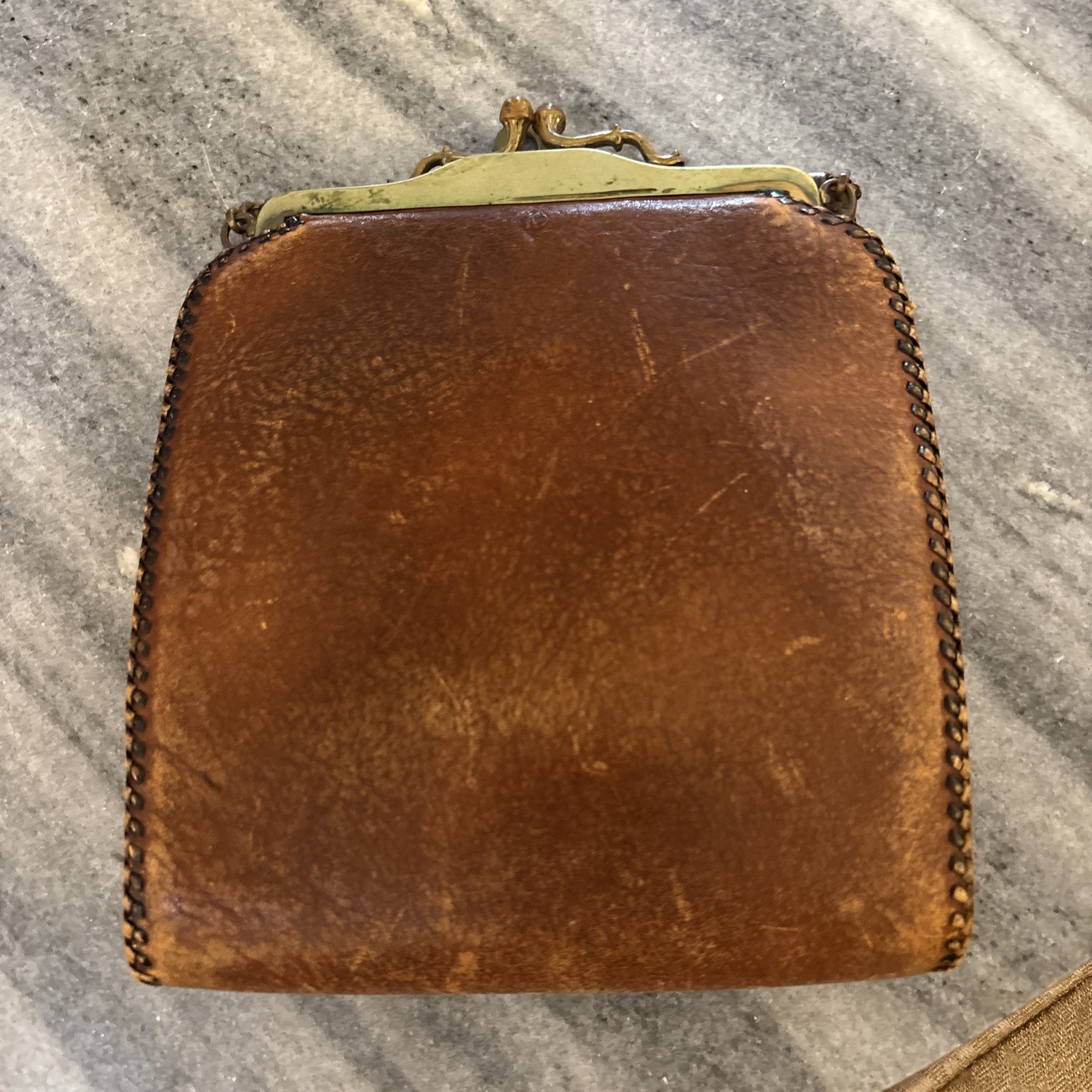 Antique TOOLED LEATHER PURSE Art Nouveau Stylized Lily Suede Inside