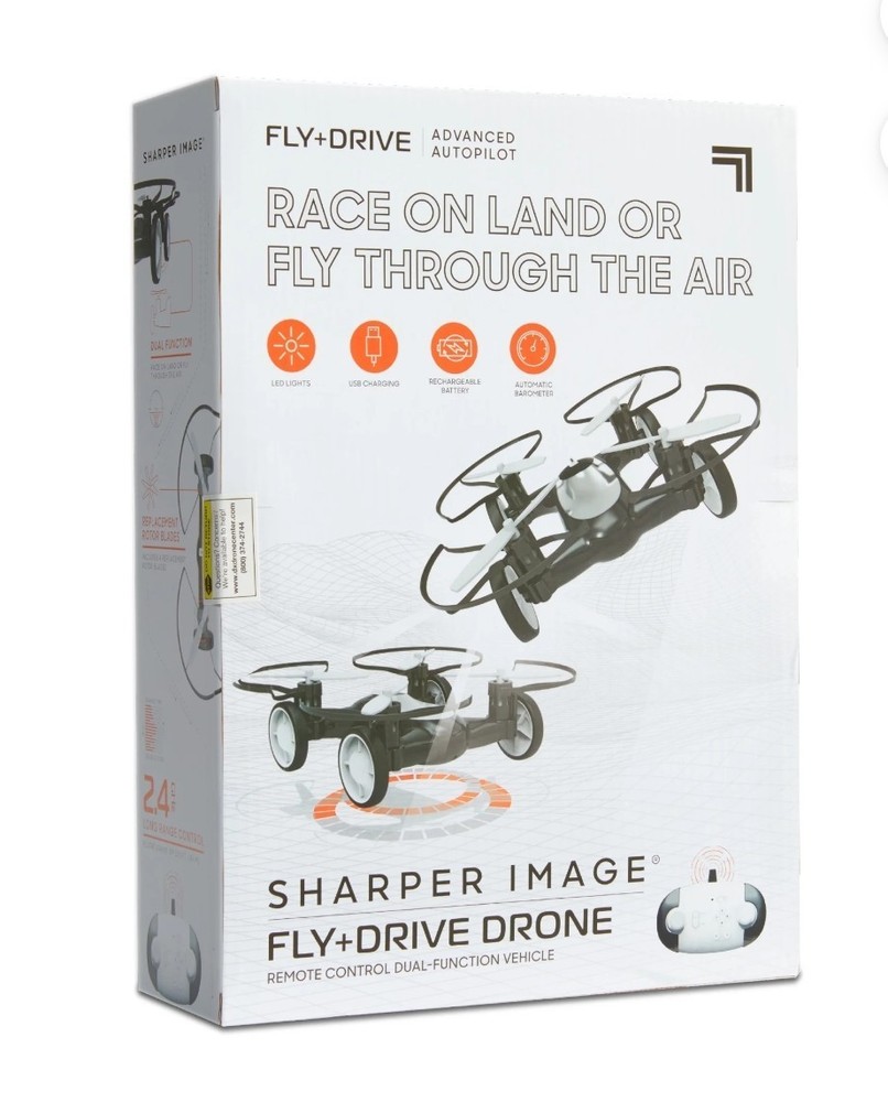 Sharper Image Fly+Drive Drone Remote Control Dual-Function Black White Vehicle
