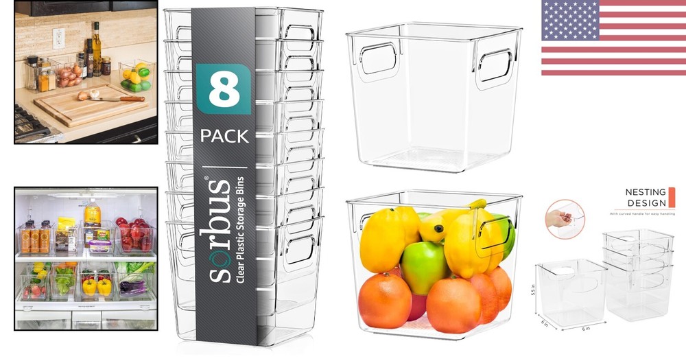 Clear Plastic Storage Bins - Versatile Kitchen & Pantry Organizers - 8 Pack