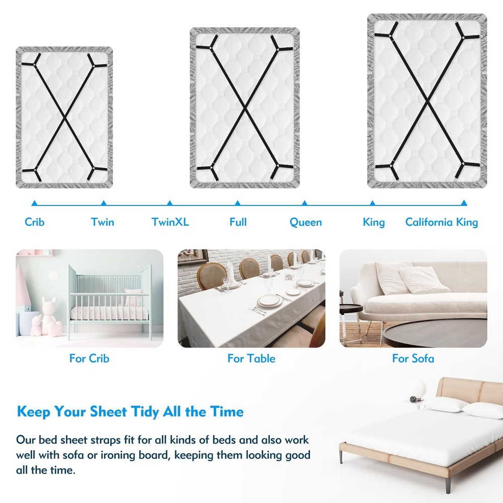 Bed Sheet Straps, 2Pcs Elastic Adjustable Bed Sheet Holder Straps, Fitted Sheet