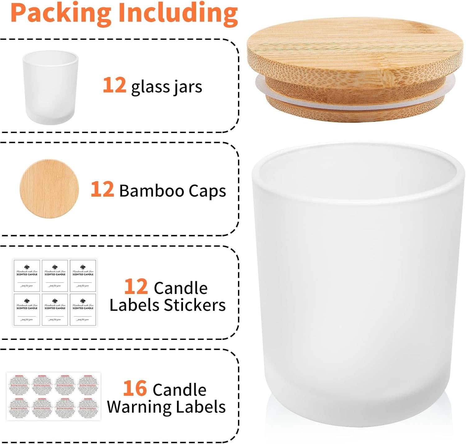 12 Pack Glass Candle Jars-10Oz Frosted Empty Candle Jars with Bamboo Lids and St