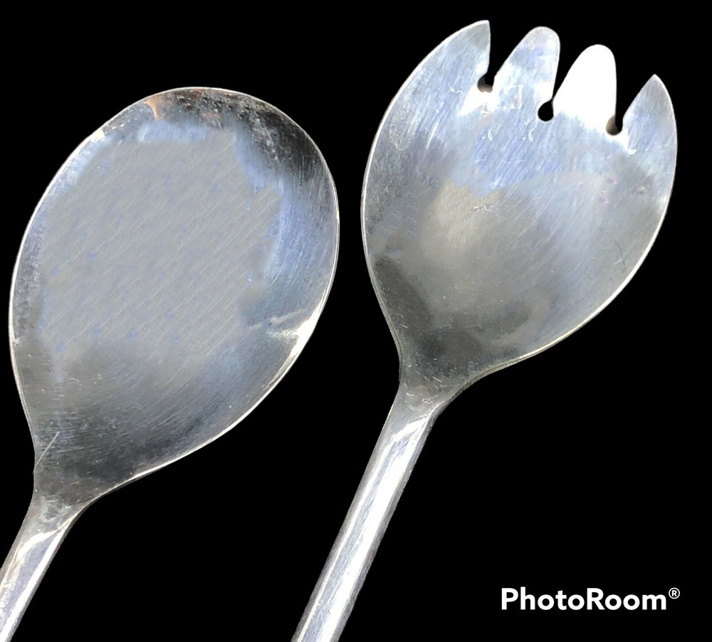 Vintage Salad Spoon & Fork Servers Silver Plate Made In England 12” Modern Sleek