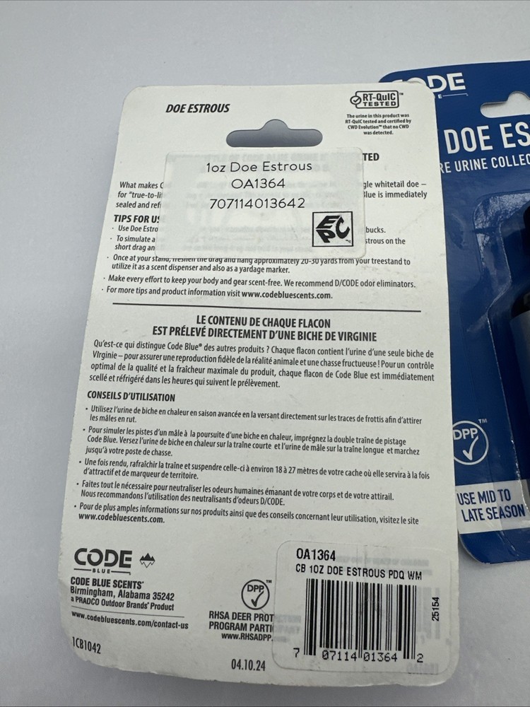 2 Bottle Lot Code Blue Doe Estrous 100% Deer Brand New #’d