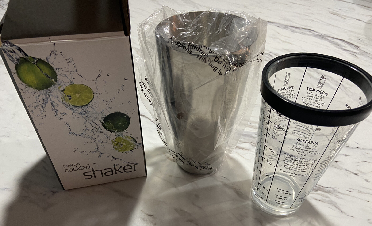 NEW!! BOSTON COCKTAIL SHAKER Stainless Steel And Glass W/Drink Recipes