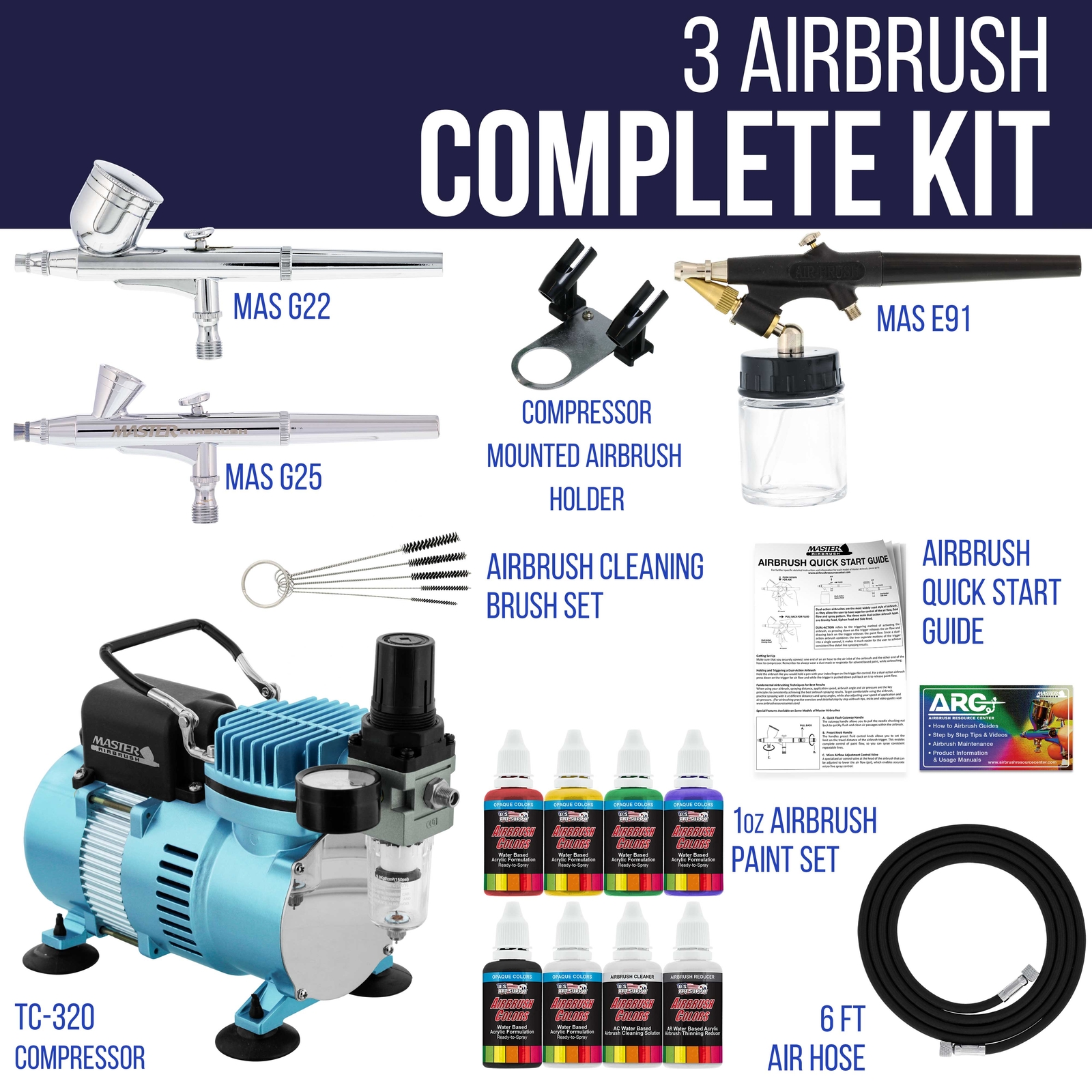 Master 3 Airbrush, Air Compressor Kit, Holder 6 Primary Colors Acrylic Paint Set